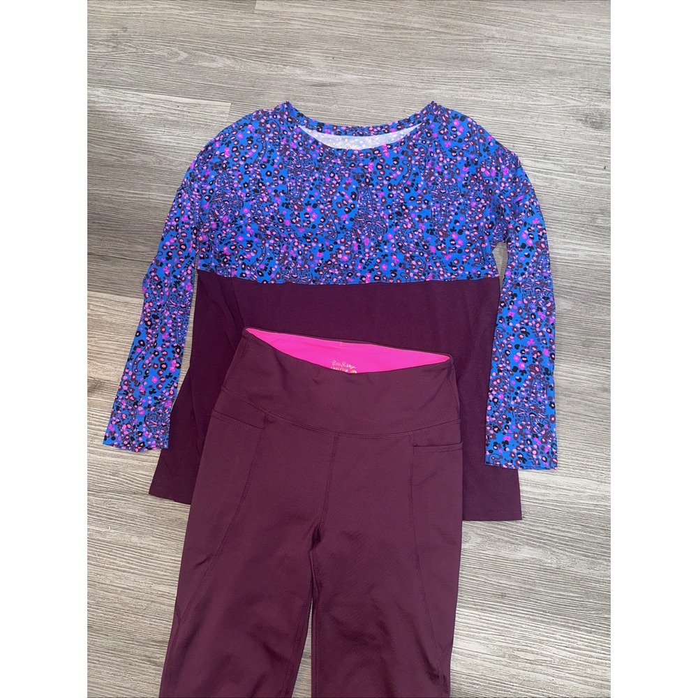 Lily Pulitzer 2 Pc Set Wome Activewear Floral Burgundy Sz M Long Sleeve - Picture 4 of 10